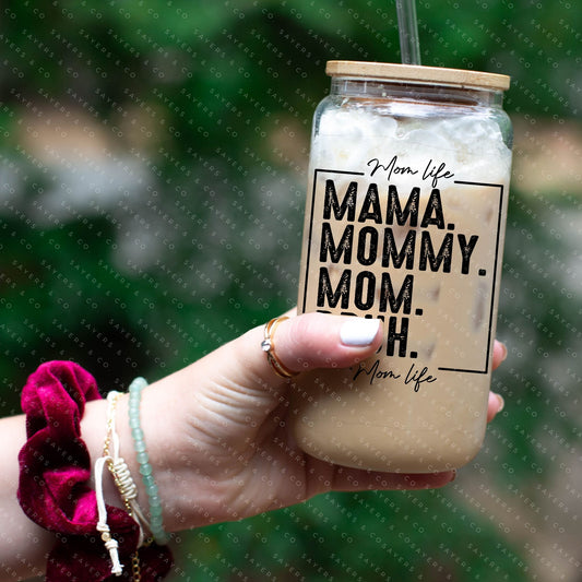 16oz Mama Bruh Glass Cup with Bamboo Lid & Straw #100156