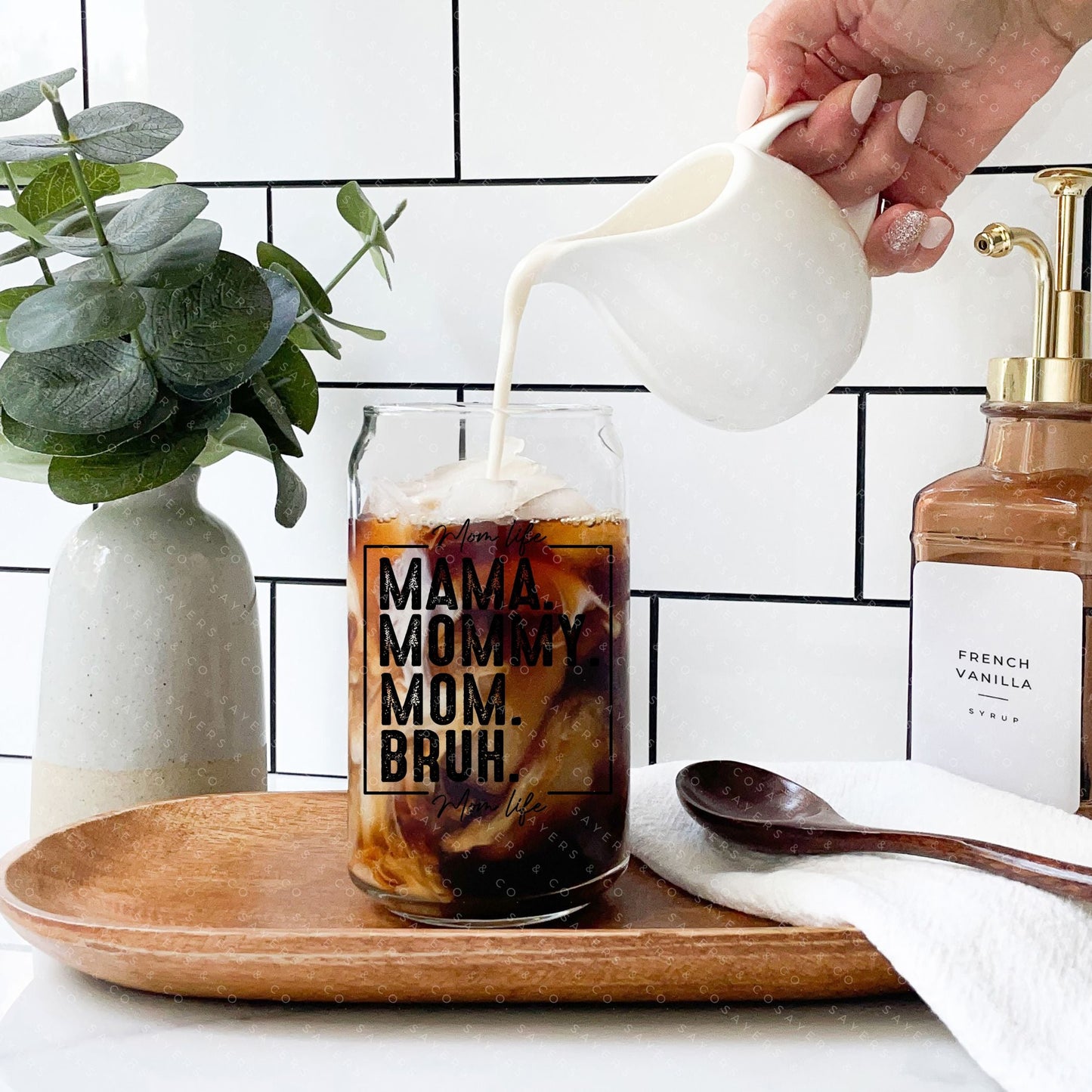 16oz Mama Bruh Glass Cup with Bamboo Lid & Straw #100156