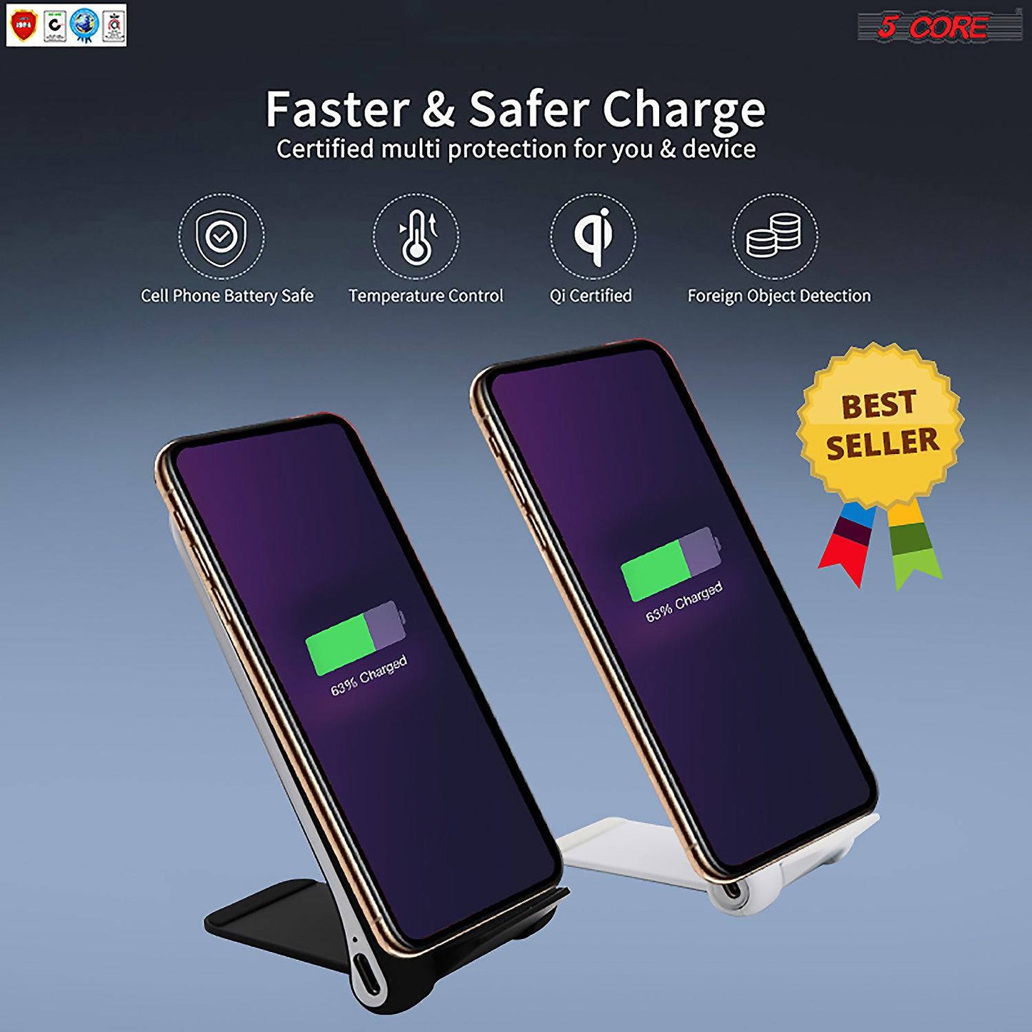 5 Core Wireless Charger 10W Max Fast Wireless Charging Pad Glass Top