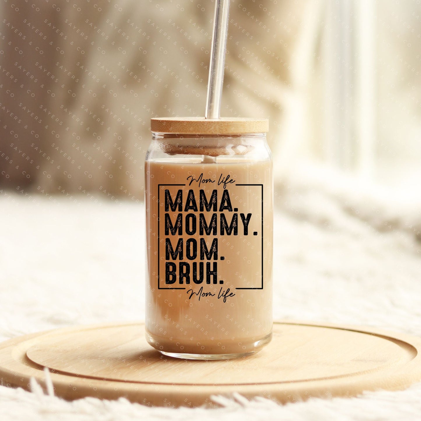 16oz Mama Bruh Glass Cup with Bamboo Lid & Straw #100156