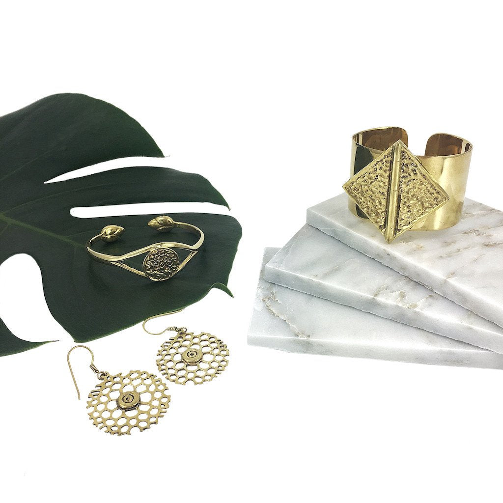 Honeycomb Bomb Earrings Recycled brass bomb shell + Bullet fragments