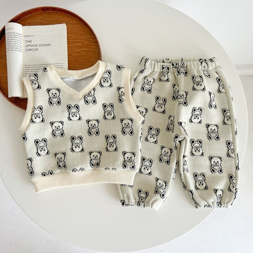Baby Bear Embroidered Pattern Vest Combo Trousers Sets