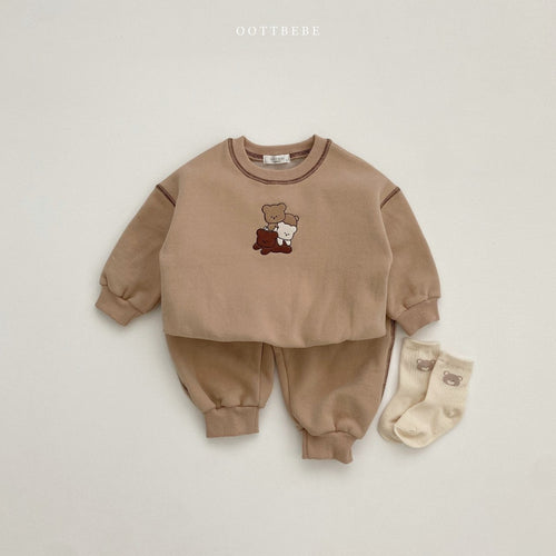Baby Solid Color Bear Patched Design Hoodie Autumn Clothes Sets