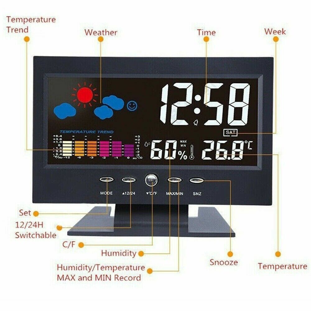 LED Digital Alarm Clock Snooze Calendar Thermometer Hygrometer Weather