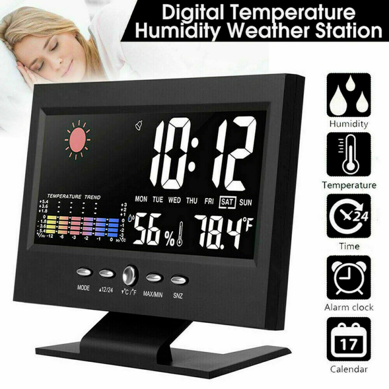 LED Digital Alarm Clock Snooze Calendar Thermometer Hygrometer Weather