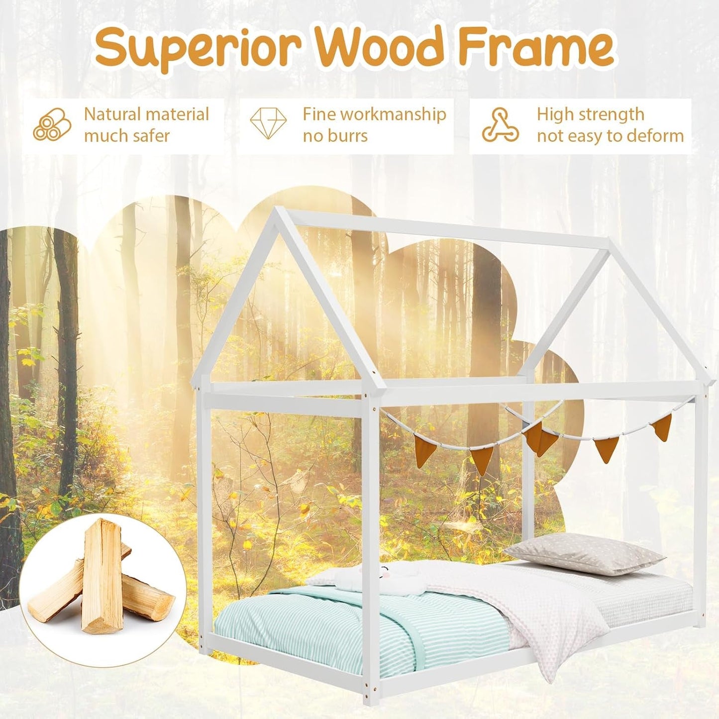 Twin House Bed with Roof Canopy, Montessori